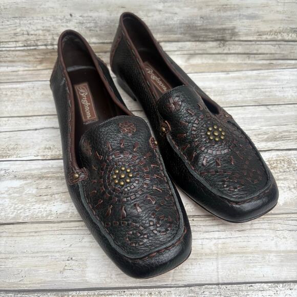 Brighton Shoes - Brighton Kafka Leather Loafers Sz 8M Brown Boho Studded Embroidered Slip On